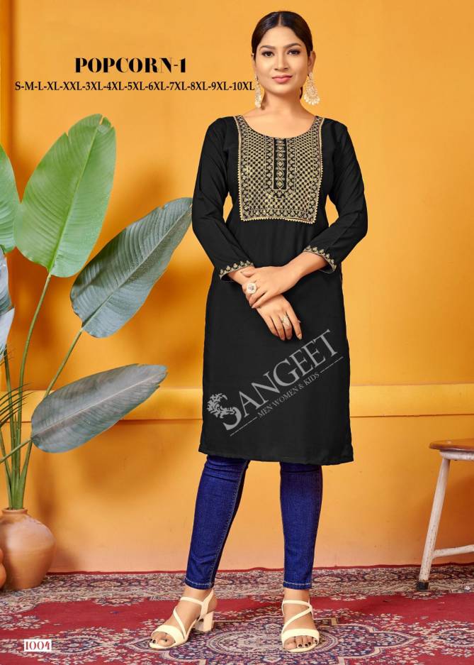 Popcorn 1001 Series By Sangeet Rayon Embroidery Kurti Wholesale Shop In Surat
